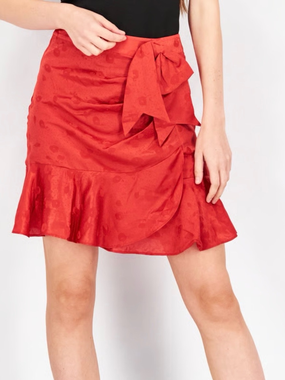 NWT The Kooples Red Satin Ruffle-Hem A-Line silk blend Skirt